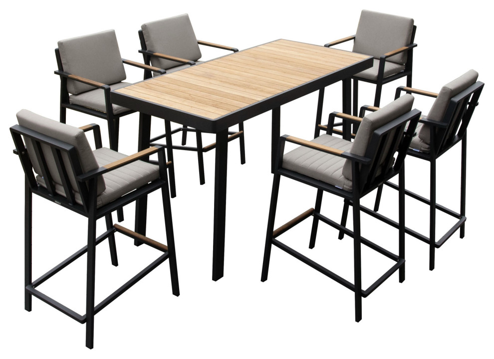 Nofi Aluminum Patio Pub Set for 6, Outdoor Teak Wood Bar set Modern