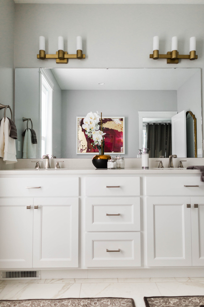 Inspiration for a mid-sized transitional master bathroom in Salt Lake City with flat-panel cabinets, white cabinets, a freestanding tub, an open shower, black and white tile, porcelain tile, grey walls, porcelain floors, an undermount sink and engineered quartz benchtops.