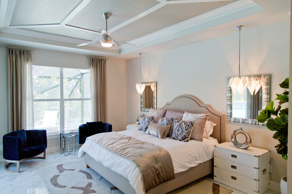 Inspiration for a large transitional master bedroom in Miami with grey walls, ceramic floors and multi-coloured floor.