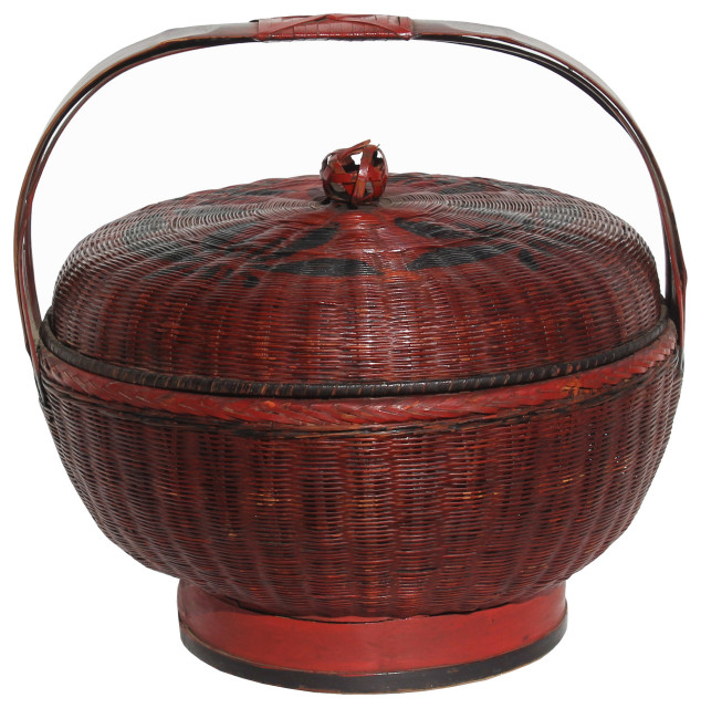 Oriental Handmade Reddish Brown Rattan Basket with Handle Hws1159