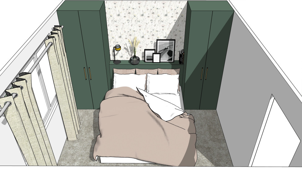 Cette photo montre une chambre moderne de taille moyenne avec un mur vert, un sol gris et dressing.