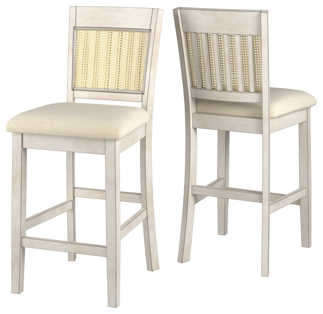 Auman Cane Slat Back Counter Height Chair (Set of 2), Antique White Finish