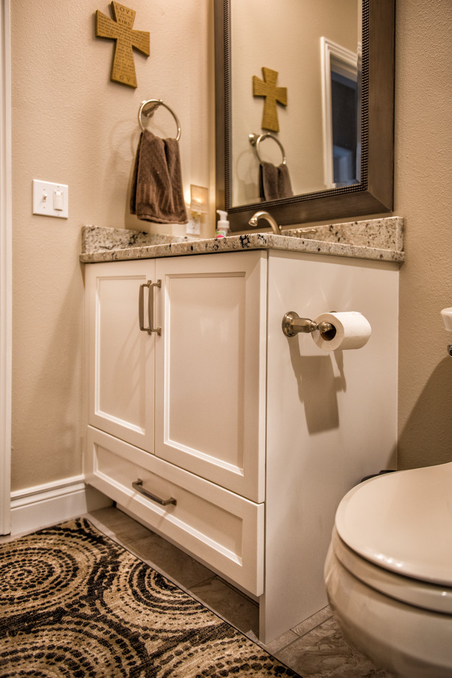 Large transitional 3/4 bathroom photo with shaker cabinets and white cabinets
