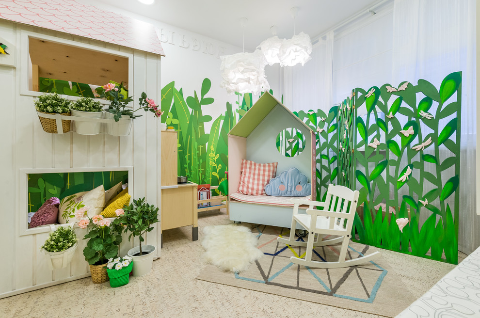 This is an example of a contemporary kids' room for girls in Moscow with cork floors.