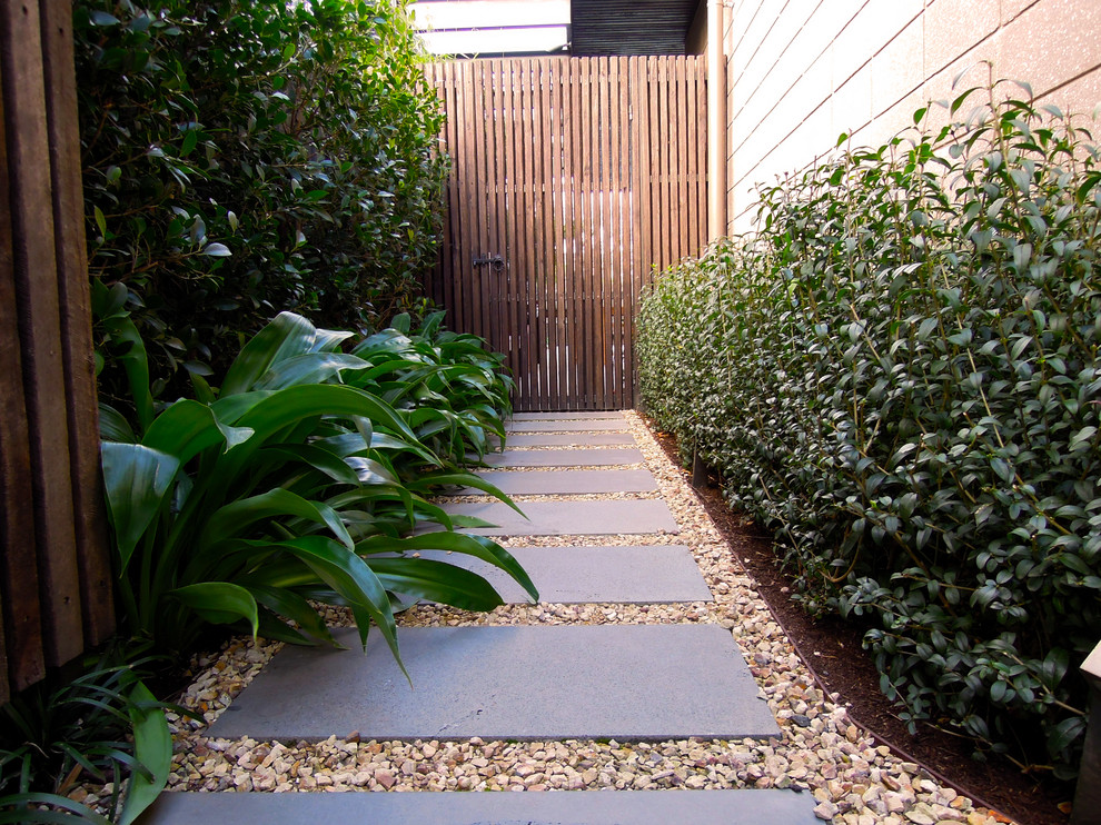 Design ideas for a large contemporary side yard partial sun garden in Melbourne with a garden path and natural stone pavers.