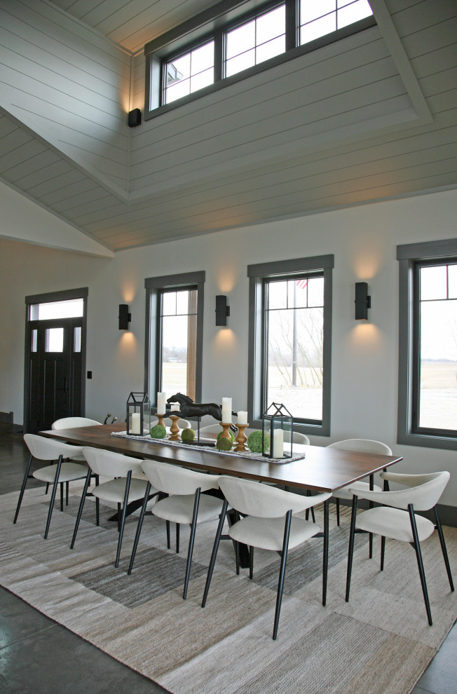 Идея дизайна: гостиная-столовая среднего размера в стиле рустика с ковровым покрытием, серым полом, сводчатым потолком и деревянными стенами