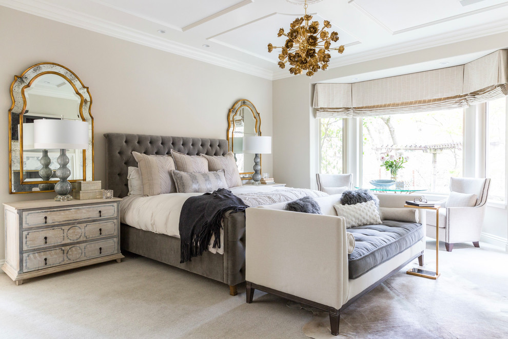 Inspiration for a transitional bedroom in San Francisco with beige walls, vinyl floors and beige floor.