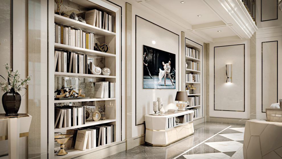 Photo of a large contemporary living room in Miami with beige walls, marble flooring, brown floors and wainscoting.