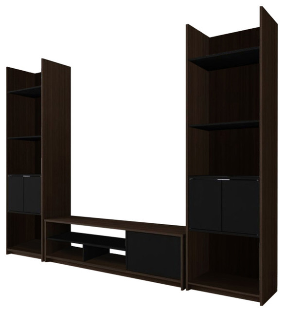 Small Space 3 Piece Tv Stand And 2 Storage Towers Set Dark Chocolate And Black