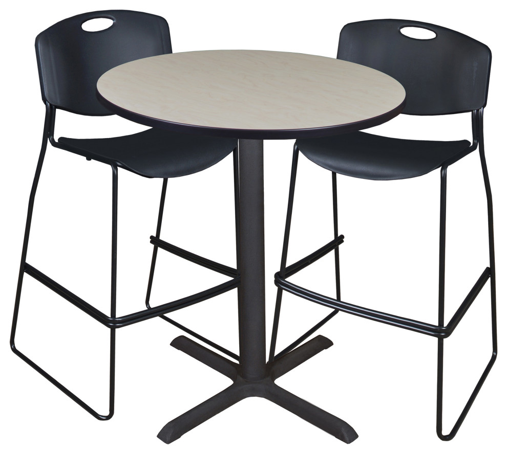 Cain 36" Round Cafe Table- Maple & 2 Zeng Stack Stools- Black