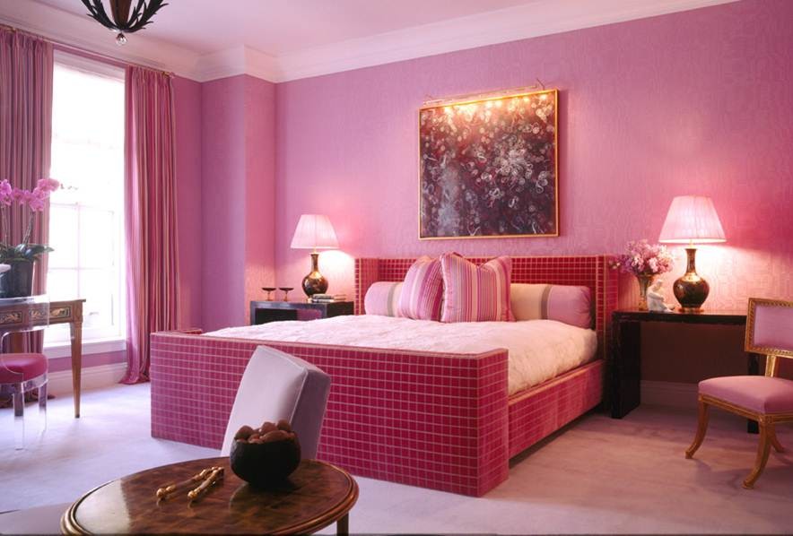 Photo of a contemporary bedroom in New York with pink walls.
