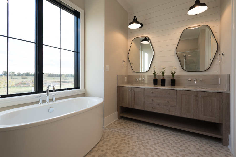 Design ideas for a mid-sized country 3/4 wet room bathroom in Other with a freestanding tub, a one-piece toilet, white tile, glass tile, white walls, mosaic tile floors, multi-coloured floor, a hinged shower door, an enclosed toilet, a double vanity and a freestanding vanity.
