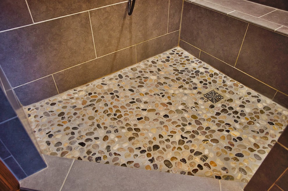 Inspiration for a mid-sized country master bathroom with an alcove shower, brown tile and an open shower.