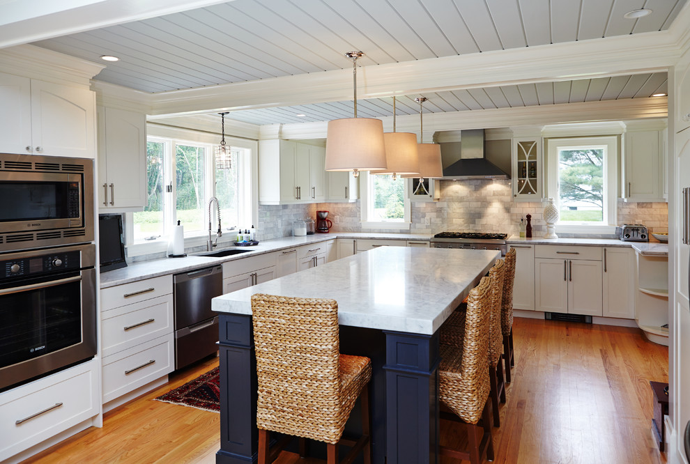 This is an example of a traditional kitchen in Portland Maine with stainless steel appliances.