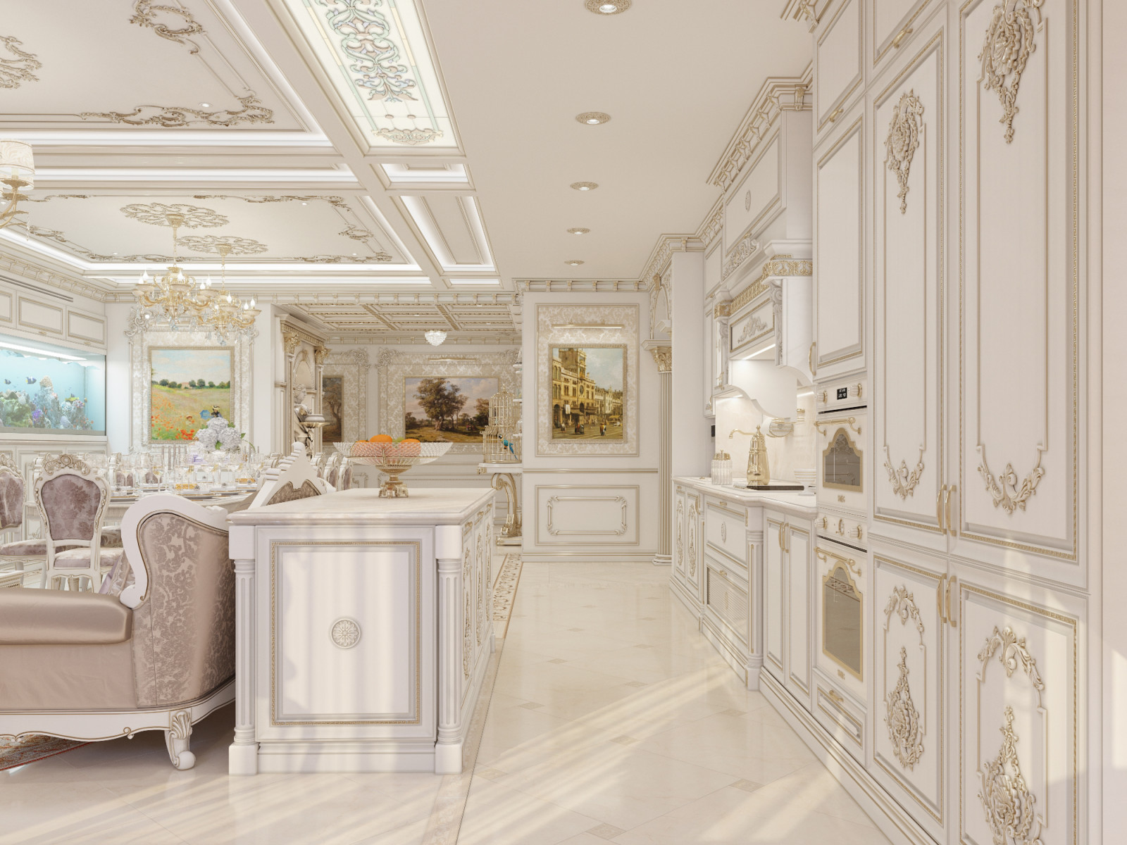 Проект "Дворянское гнездо", г. Новосибирск (блок кухни-гостиной)