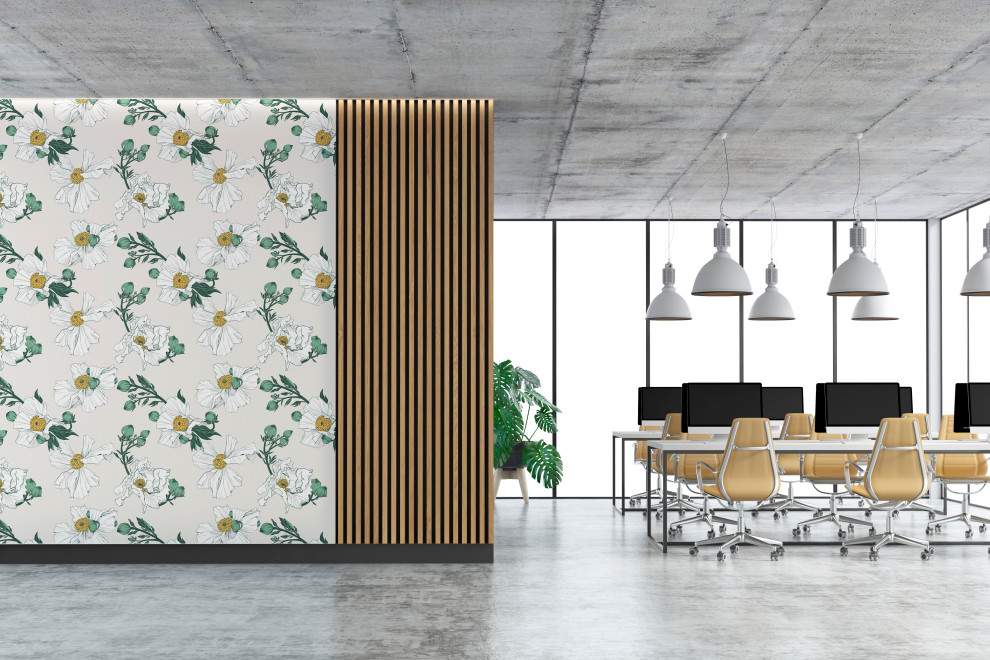 Modernes Arbeitszimmer mit beiger Wandfarbe und Tapetenwänden in Los Angeles