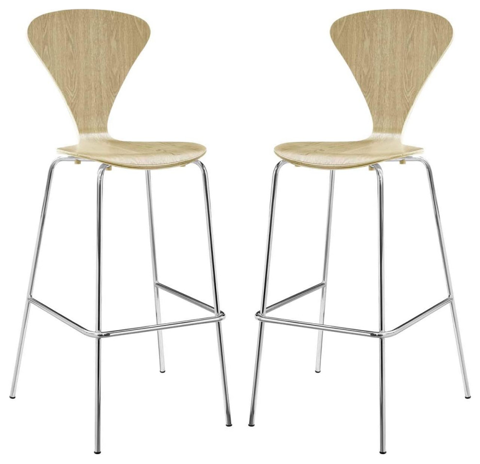Set of 2 Mid Century Bar Stool, Chrome Legs and Unique Plywood Seat