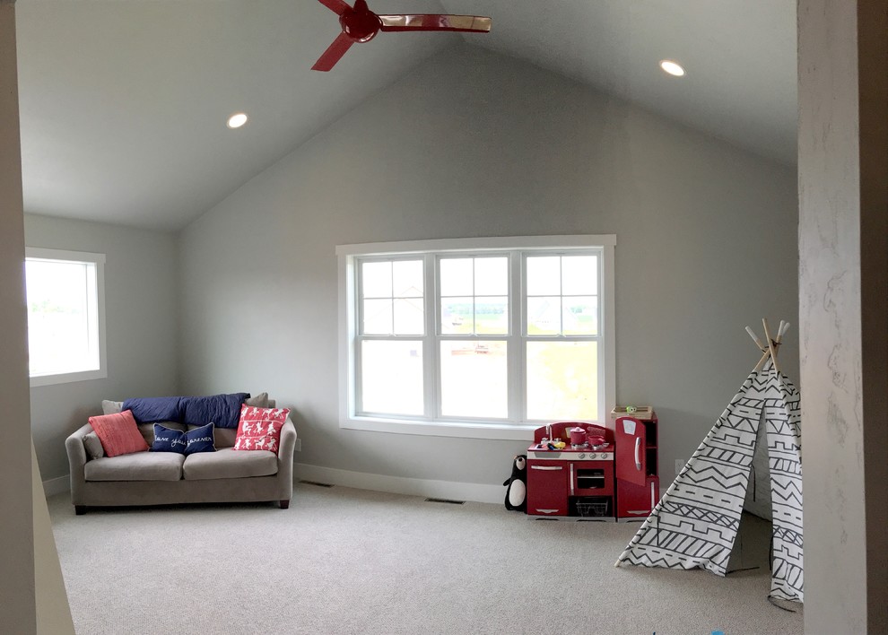 Design ideas for a large country gender-neutral kids' playroom in Other with grey walls, carpet and beige floor.
