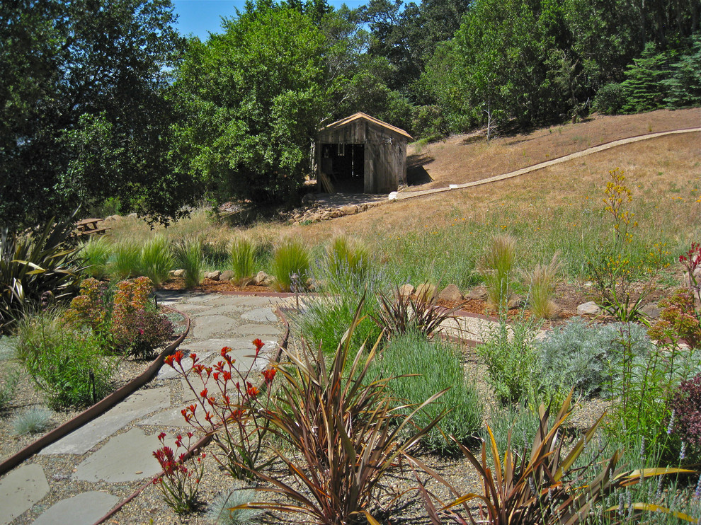This is an example of a large asian backyard full sun xeriscape in San Francisco with natural stone pavers.