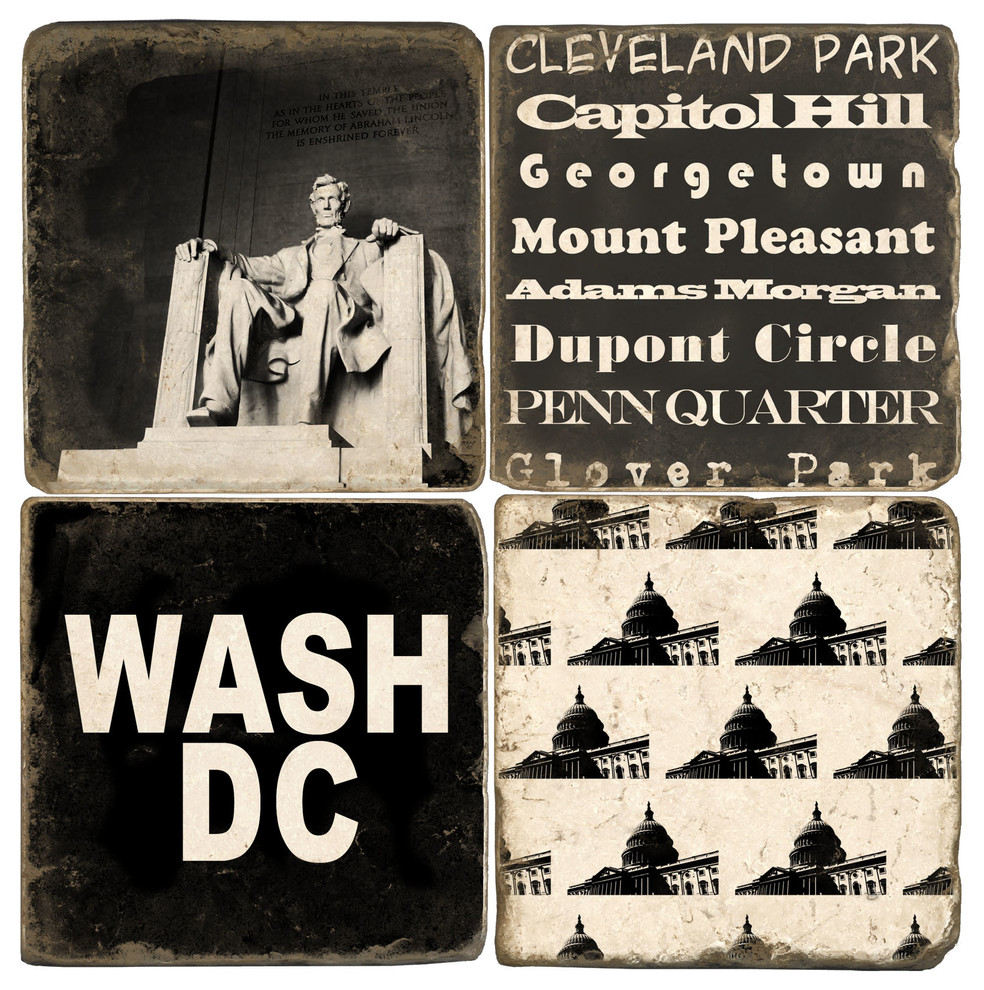 Tumbled Marble Coaster St/4 With Coaster Stand, Black & White Washington Dc Contemporary