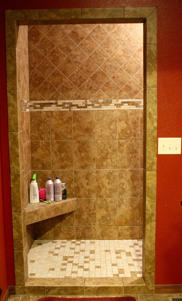 Inspiration for a large transitional master beige tile and mosaic tile porcelain tile and beige floor alcove shower remodel in Cedar Rapids with red walls