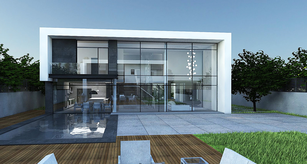 Design ideas for an expansive modern two-storey glass white exterior in New York with a flat roof.