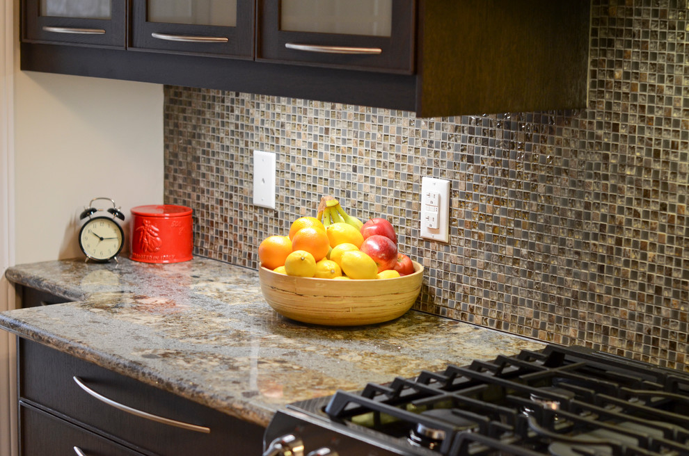 Mid-sized transitional galley porcelain tile kitchen photo in Ottawa with an undermount sink, glass-front cabinets, brown cabinets, quartz countertops, brown backsplash, glass sheet backsplash and stainless steel appliances