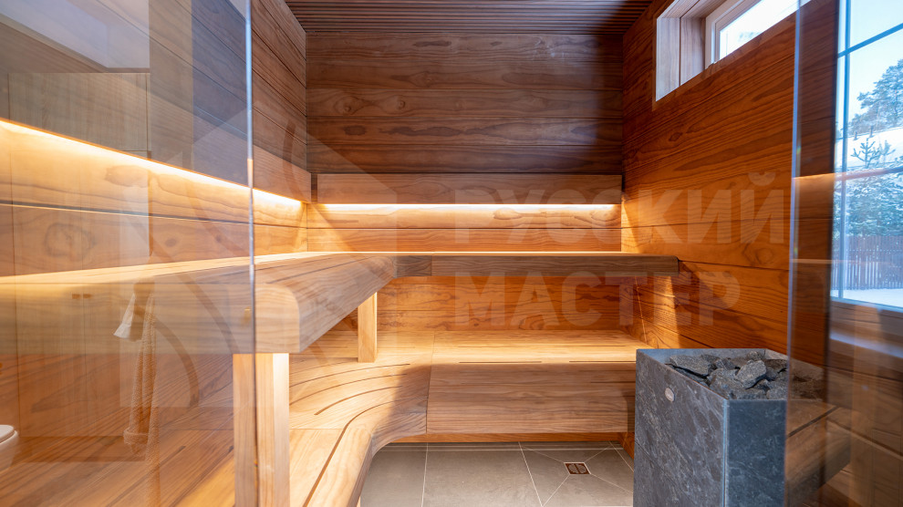 Сауна с изогнутыми полками из новозеландской сосны Pino Premio