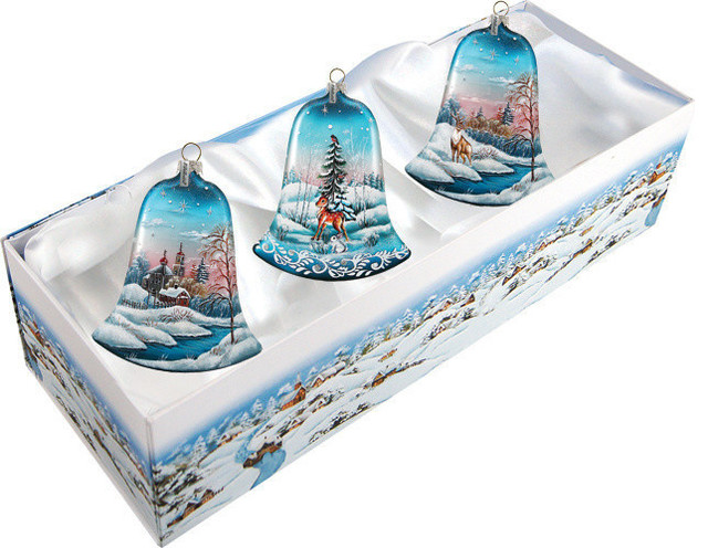 Hand Painted Scenic Glass Ornament Winter Bells Set of 3