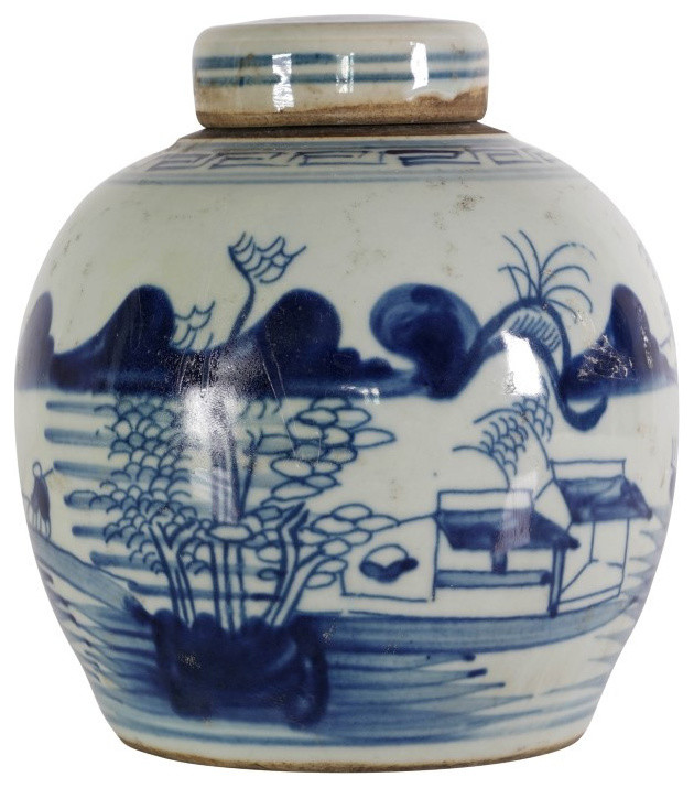 Beautiful Blue and White Farmer Motif Porcelain Ginger Jar 6" 
