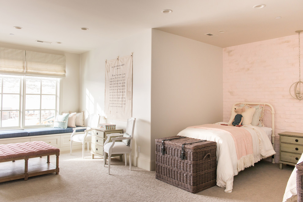 Inspiration for a large traditional kids' bedroom for kids 4-10 years old and girls in Salt Lake City with pink walls, carpet and beige floor.
