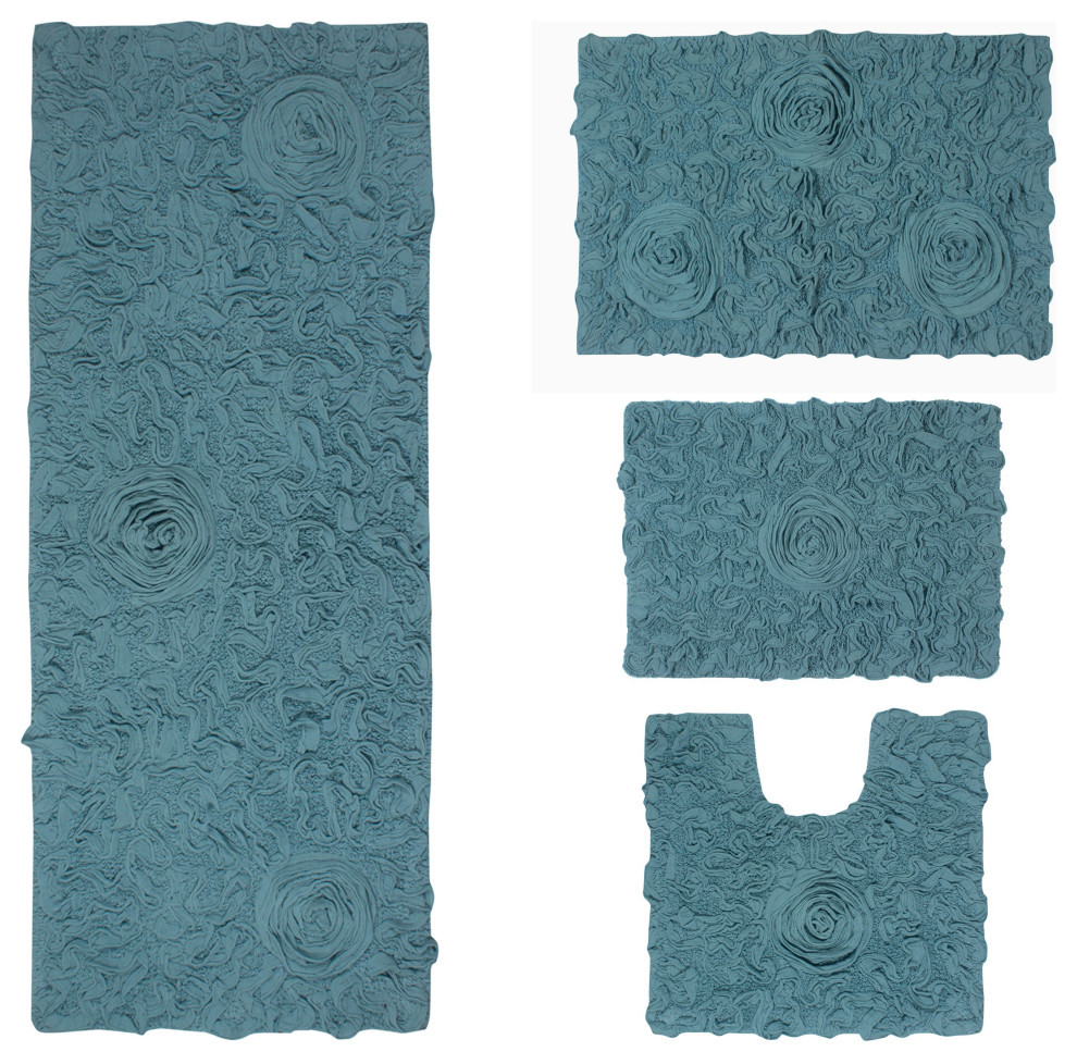 Bell Flower Collection Tufted Bath Rug, 4-Piece Set With Contour, Blue