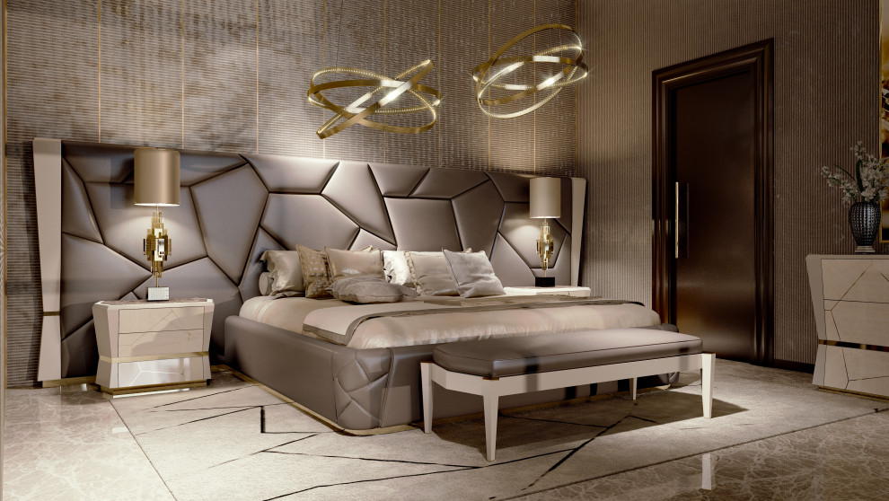Idee per una grande camera da letto contemporanea con pareti beige, pavimento in marmo, pavimento marrone e boiserie