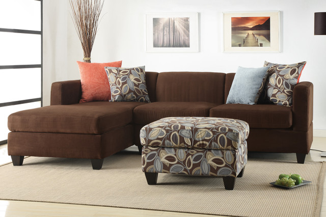 Modern Small Chocolate Microfiber Sectional Sofa Set Reversible Chaise
