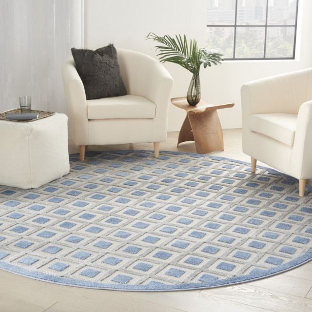 8' Round Blue And Gray Round Geometric Indoor Outdoor Area Rug ...