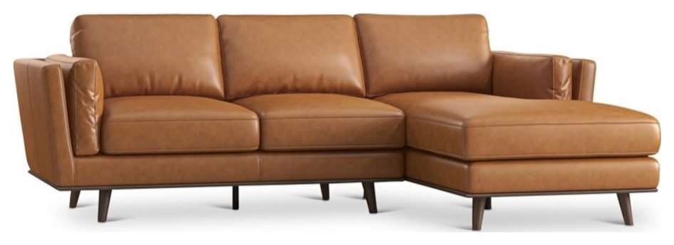 Pemberly Row Mid-Century Genuine Leather Right Facing Sectional Sofa in Tan