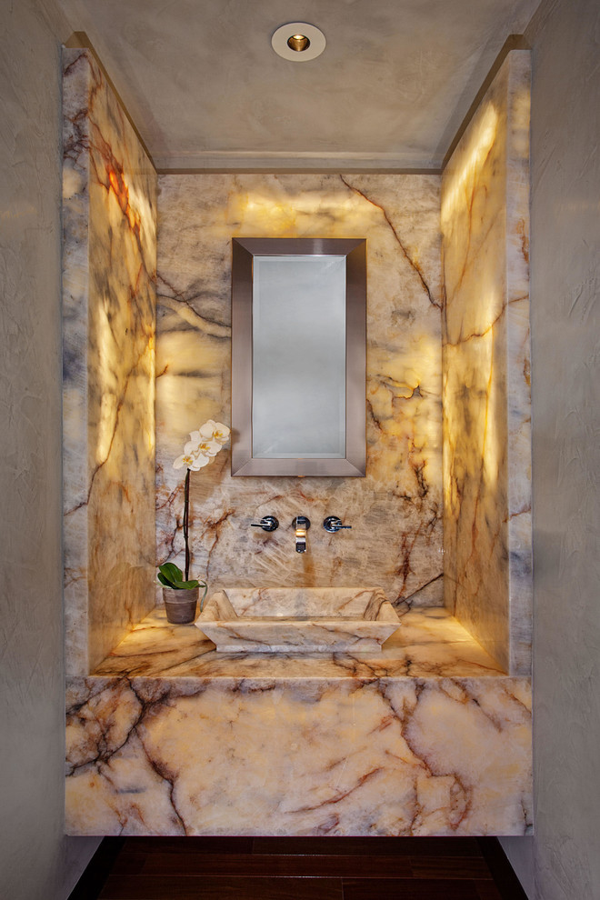 Photo of a contemporary powder room in Orange County with a vessel sink and multi-coloured benchtops.