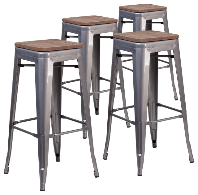 Set of 4, 30" Metal Bar Counter Stools With Wood Seat Industrial
