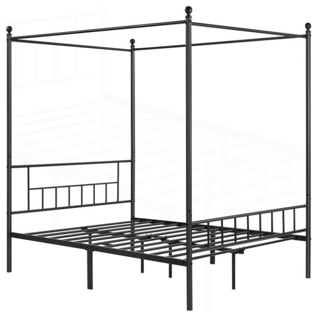 Classic Canopy Bed, Black Finished Metal Frame & Top Ball Finials Details, Full