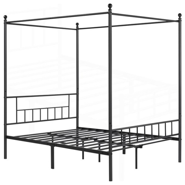 Classic Canopy Bed, Black Finished Metal Frame & Top Ball Finials