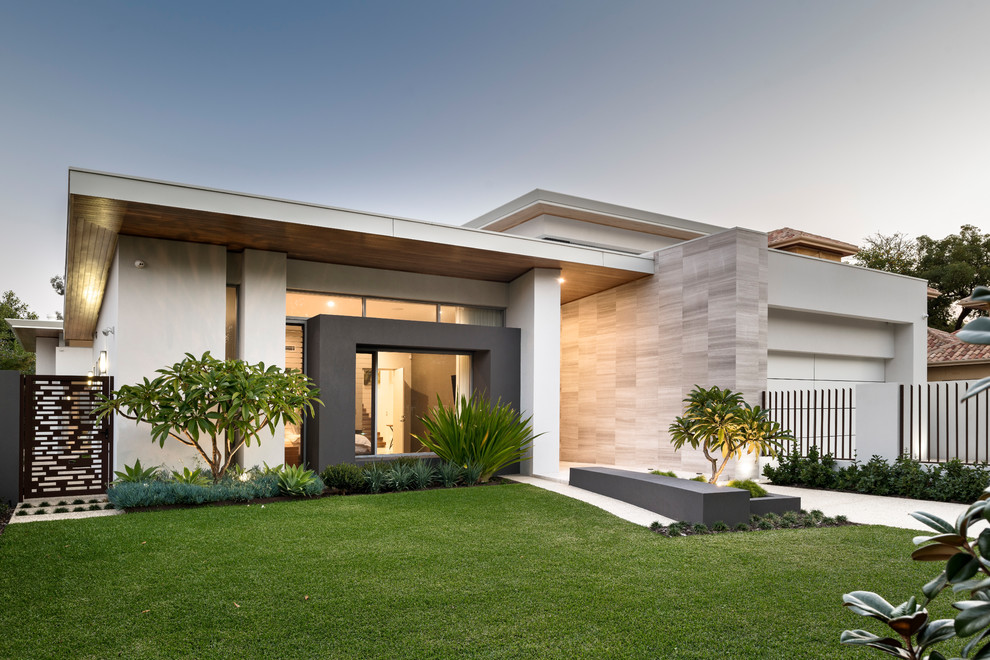 Expansive contemporary two-storey grey house exterior in Perth with mixed siding and a flat roof.
