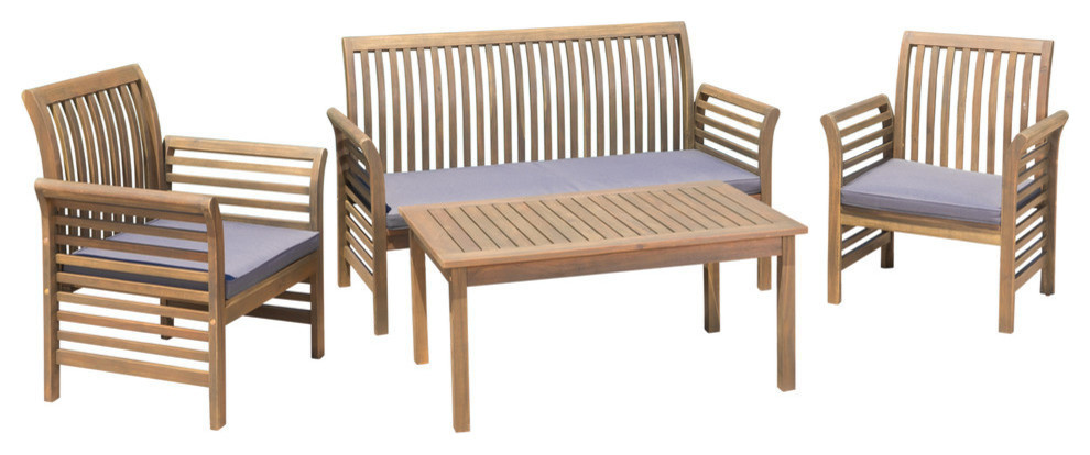 GDF Studio 4-Piece Desmond Outdoor Acacia Wood Chat Set, Cushions