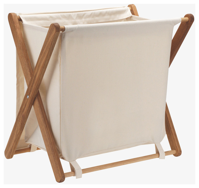 Folding Canvas Wood Small ecru laundry bin - Beach Style - Hampers - by ...