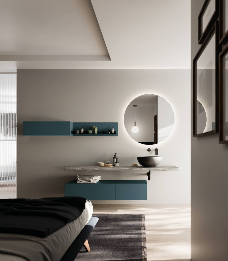 Mid-sized modern bathroom in Miami with flat-panel cabinets, green cabinets, light hardwood floors, a vessel sink and a single vanity.