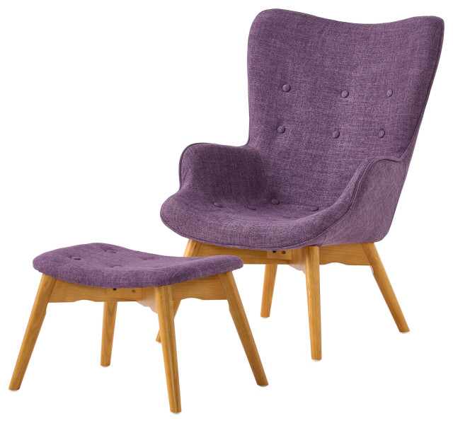 Hariata Mid-Century Modern Wingback Chair and Ottoman Set, Muted Purple