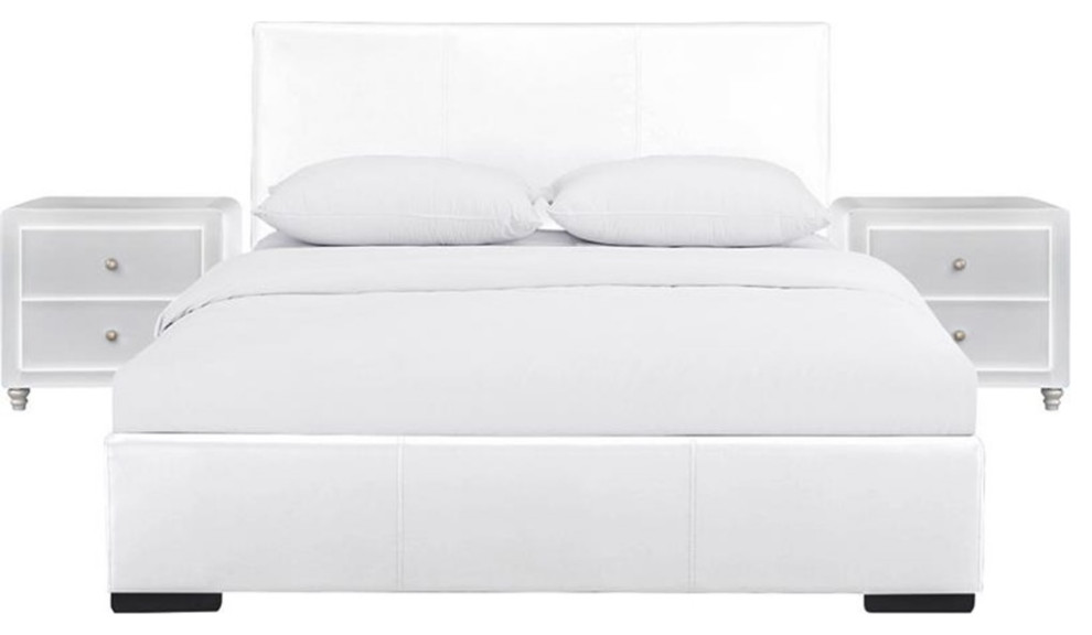 Camden Isle Hindes Upholstered Platform Bed in White Queen with 2 Nightstands
