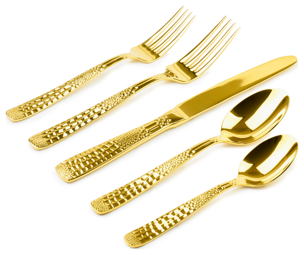 Padova Hammered Gold Flatware Set Stainless Steel, Service for 4
