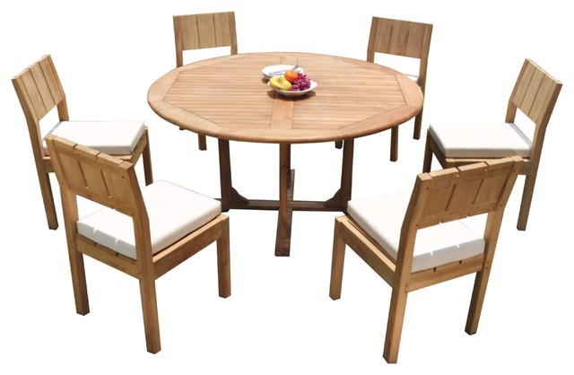 7 Piece Outdoor Patio Teak Dining Set, Outdoor Round Dining Table And Chairs For 6