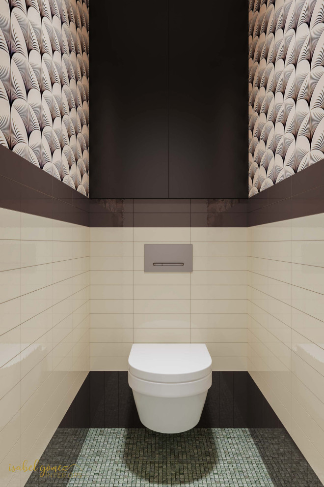 Inspiration pour une salle de bain nordique avec des portes de placards vertess, une douche à l'italienne, WC suspendus, un carrelage noir, mosaïque, un mur blanc, un sol en carrelage de terre cuite, un lavabo posé, un sol vert, meuble simple vasque et meuble-lavabo sur pied.