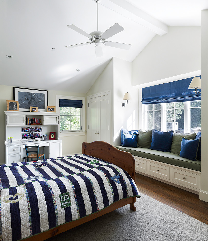 Design ideas for a traditional kids' bedroom for boys in San Francisco with white walls and dark hardwood floors.
